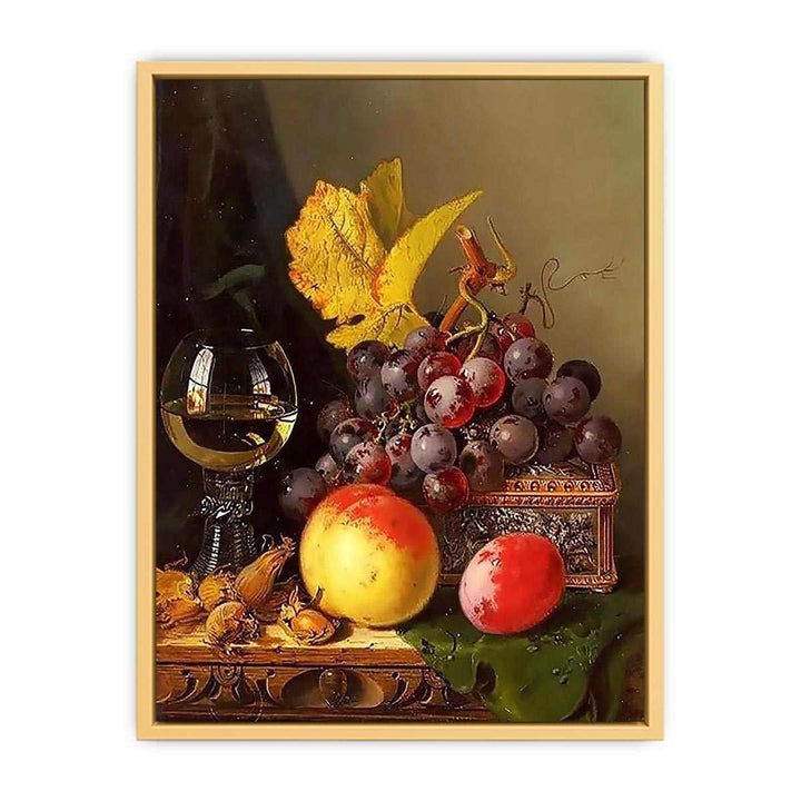 A Still Life of Black Grapes, a Peach, a Plum, Hazelnuts, a Metal Casket and a Wine Glass on a Carved Wooden Ledge