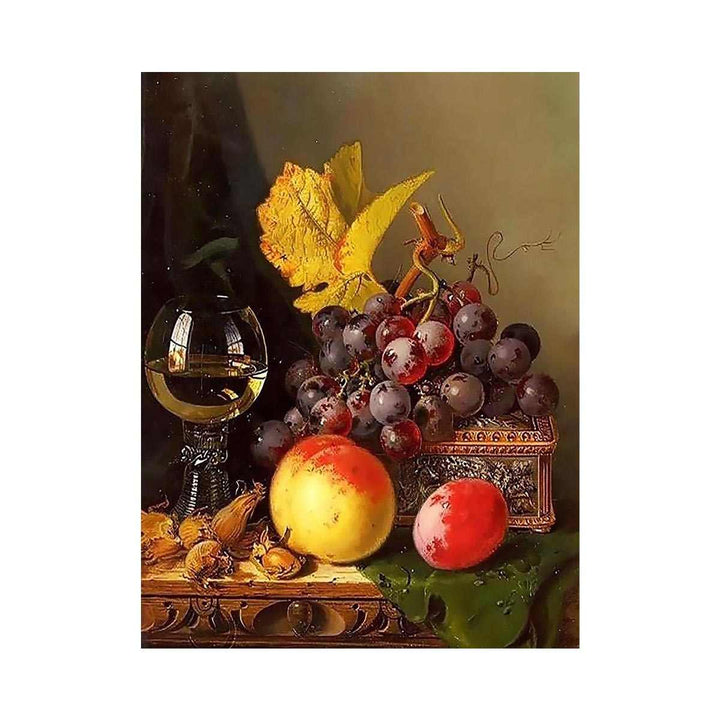 A Still Life of Black Grapes, a Peach, a Plum, Hazelnuts, a Metal Casket and a Wine Glass on a Carved Wooden Ledge