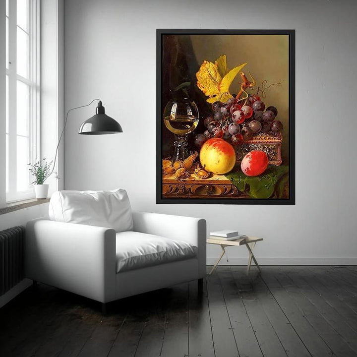 A Still Life of Black Grapes, a Peach, a Plum, Hazelnuts, a Metal Casket and a Wine Glass on a Carved Wooden Ledge