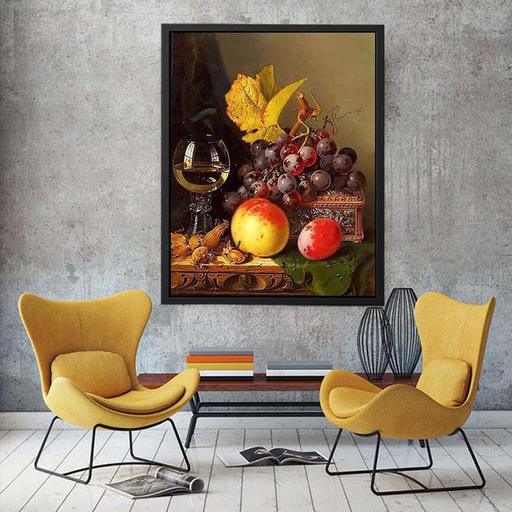 A Still Life of Black Grapes, a Peach, a Plum, Hazelnuts, a Metal Casket and a Wine Glass on a Carved Wooden Ledge