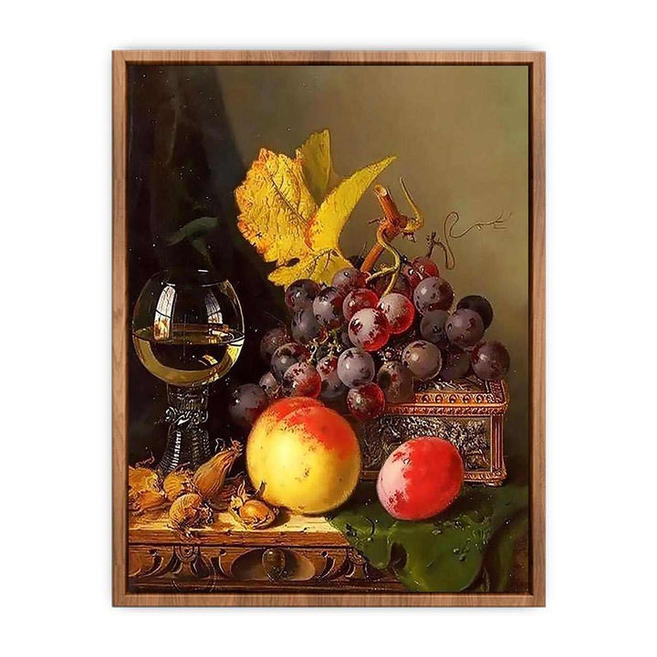 A Still Life of Black Grapes, a Peach, a Plum, Hazelnuts, a Metal Casket and a Wine Glass on a Carved Wooden Ledge