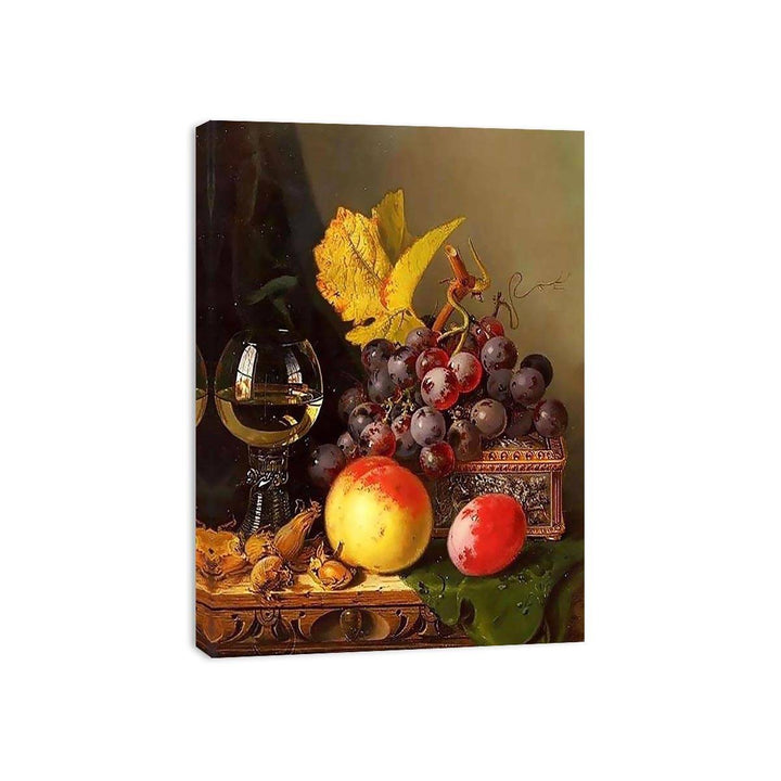 A Still Life of Black Grapes, a Peach, a Plum, Hazelnuts, a Metal Casket and a Wine Glass on a Carved Wooden Ledge