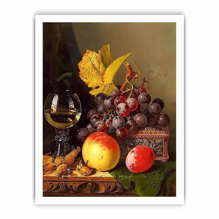 A Still Life of Black Grapes, a Peach, a Plum, Hazelnuts, a Metal Casket and a Wine Glass on a Carved Wooden Ledge