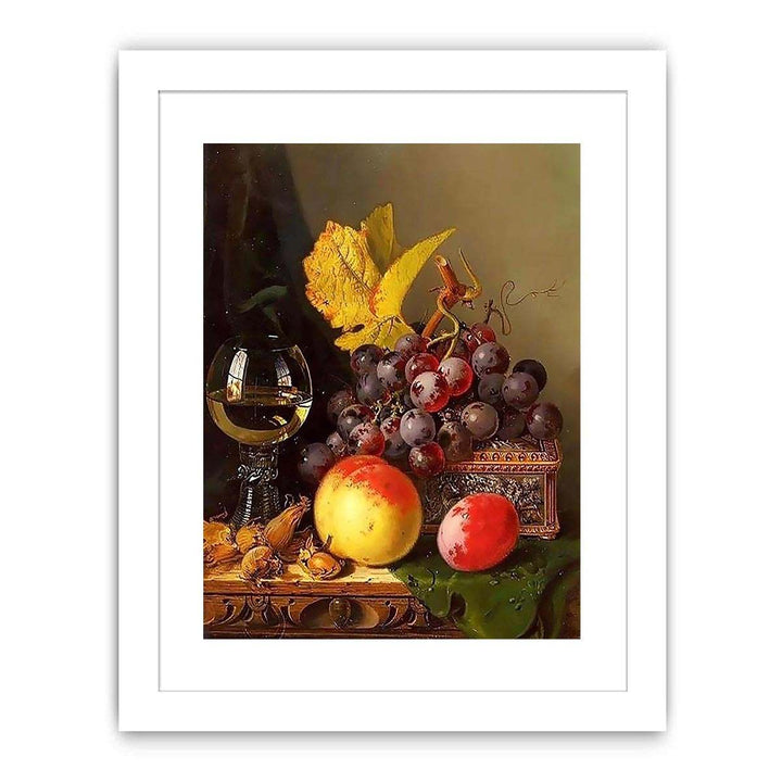 A Still Life of Black Grapes, a Peach, a Plum, Hazelnuts, a Metal Casket and a Wine Glass on a Carved Wooden Ledge