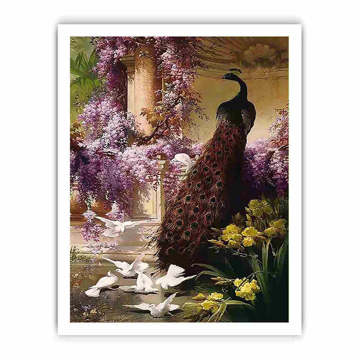 A Peacock and Doves in a Garden