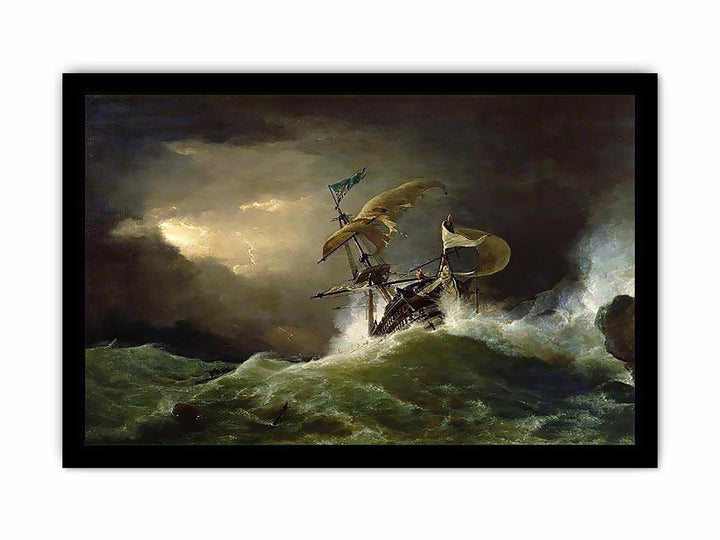 A First rate Man-of-War driven onto a reef of rocks, floundering in a gale