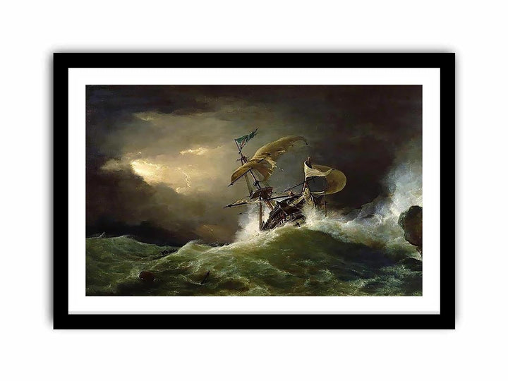 A First rate Man-of-War driven onto a reef of rocks, floundering in a gale
