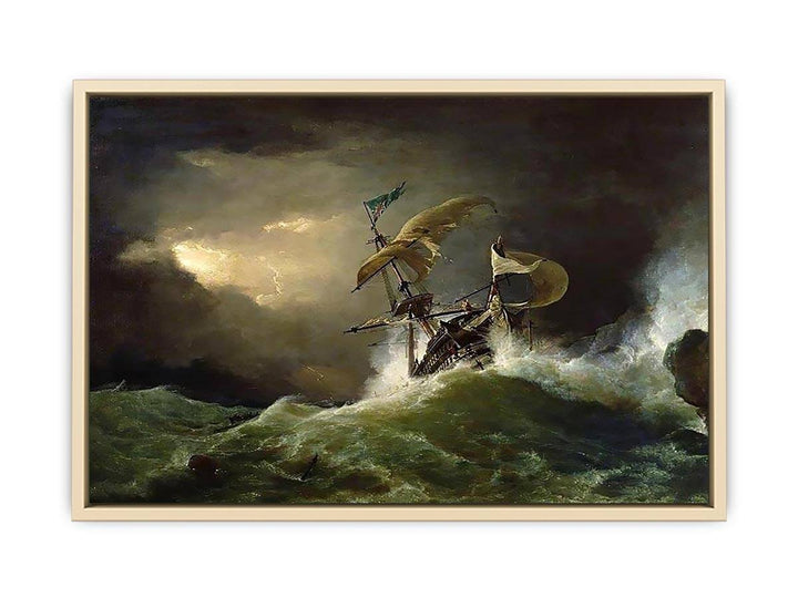A First rate Man-of-War driven onto a reef of rocks, floundering in a gale
