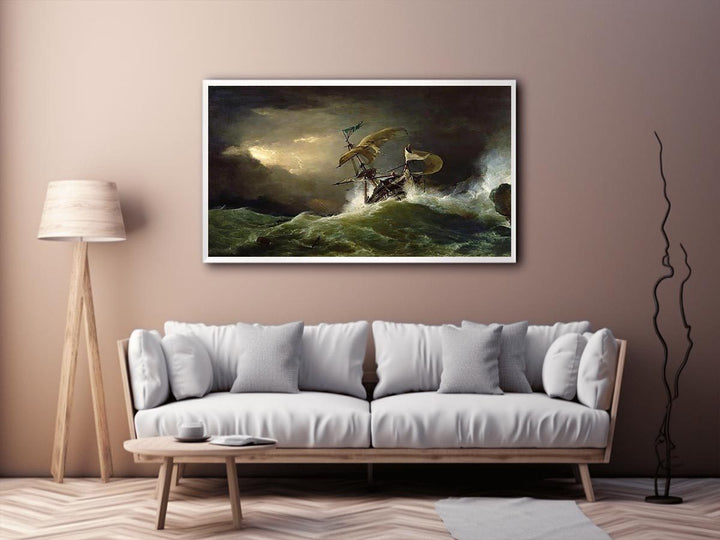 A First rate Man-of-War driven onto a reef of rocks, floundering in a gale