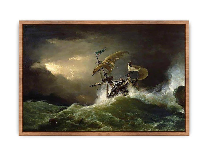 A First rate Man-of-War driven onto a reef of rocks, floundering in a gale