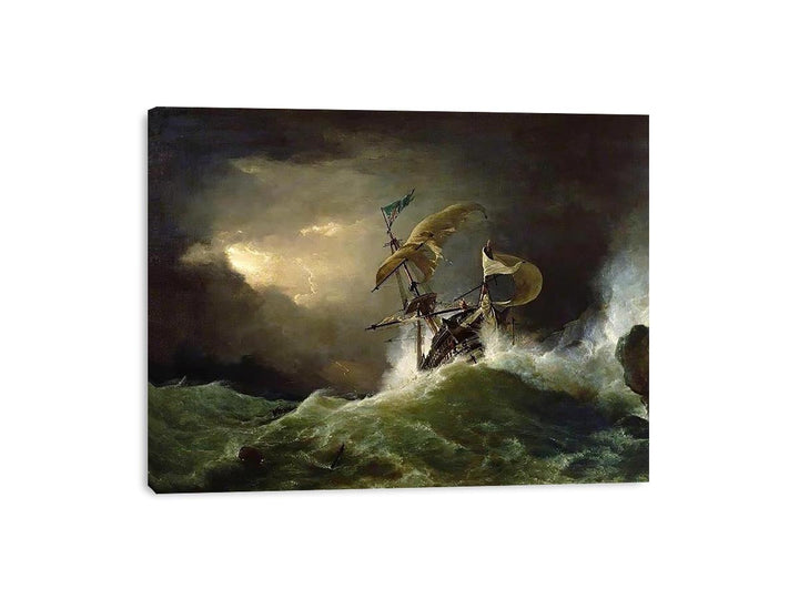 A First rate Man-of-War driven onto a reef of rocks, floundering in a gale