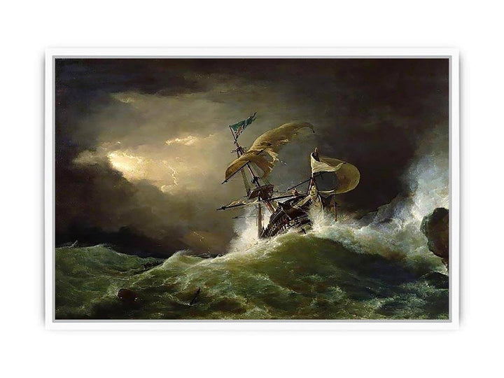 A First rate Man-of-War driven onto a reef of rocks, floundering in a gale