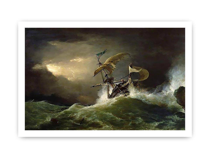 A First rate Man-of-War driven onto a reef of rocks, floundering in a gale