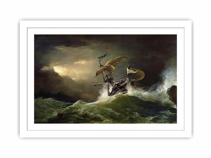 A First rate Man-of-War driven onto a reef of rocks, floundering in a gale
