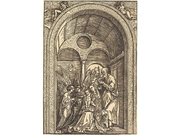 The Holy Family with two Angels in a vaulted Hall