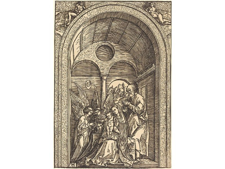 The Holy Family with two Angels in a vaulted Hall