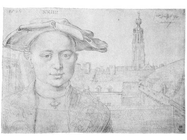 Portrait of a twenty four men and a view of St. Michael in Antwerp