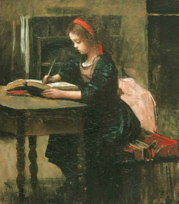 Fillette a l'etude, en train d'ecrire 