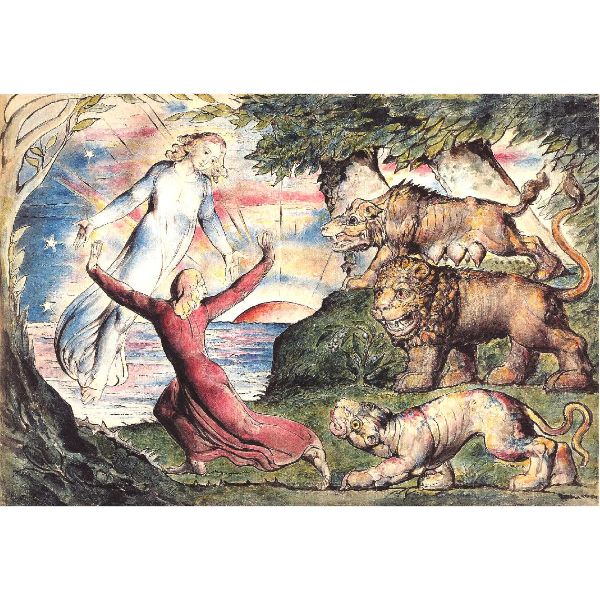 Inferno, Canto I, 1-90 Dante running from three beasts is rescued by Virgil 