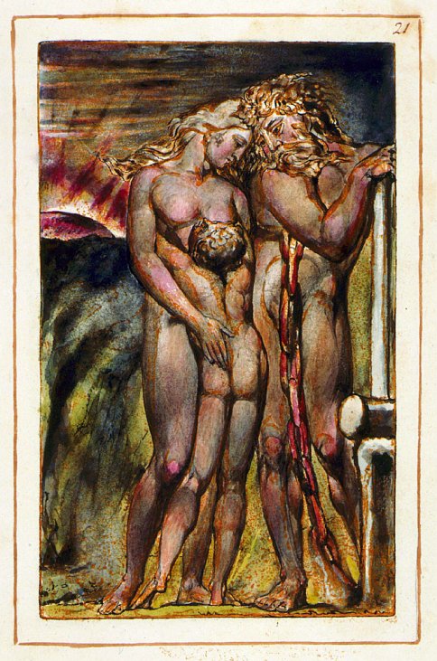 The First Book Of Urizen- Los at the forge with Enitharmon and Orc, showing Los' jealousy of Orc, his child, resulting in the tightening of the girdle around his neck, 1794 