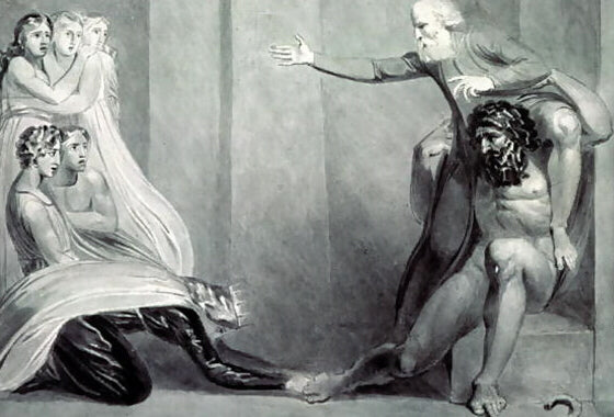 Tiriel, borne back to the Palace on the Shoulders of his Brother Ijim, addressing his five Daughters 