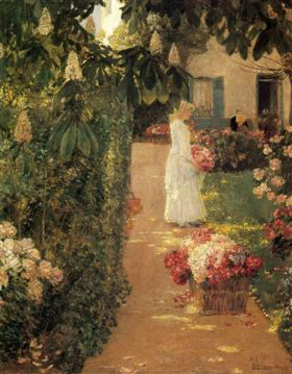 Gathering Flowers in a French Garden 