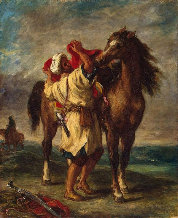 A Moroccan Saddling A Horse