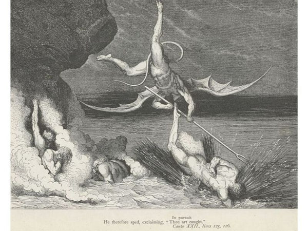 The Inferno, Canto 22, line 70: In pursuit He therefore sped, exclaiming; “Thou art caught.” 