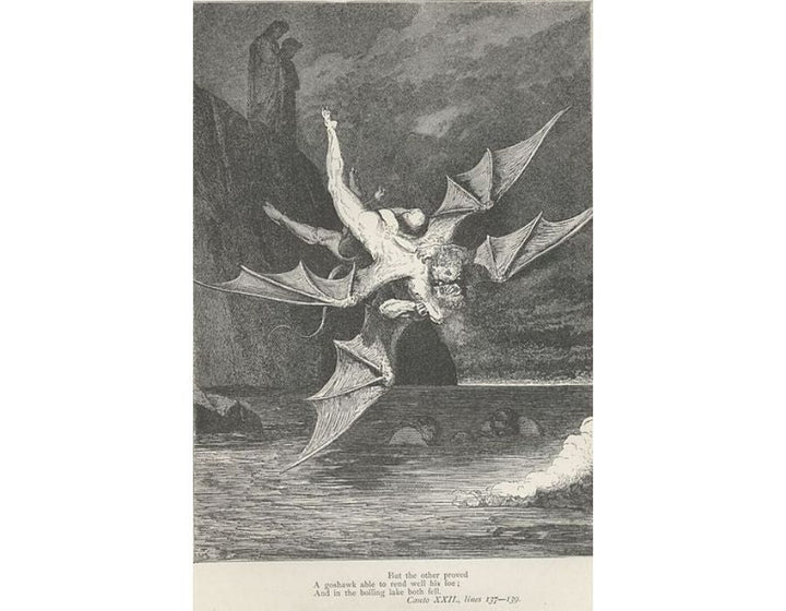 The Inferno, Canto 22, lines 137-139: But the’ other prov’d A goshawk able to rend well his foe; And in the boiling lake both fell. 