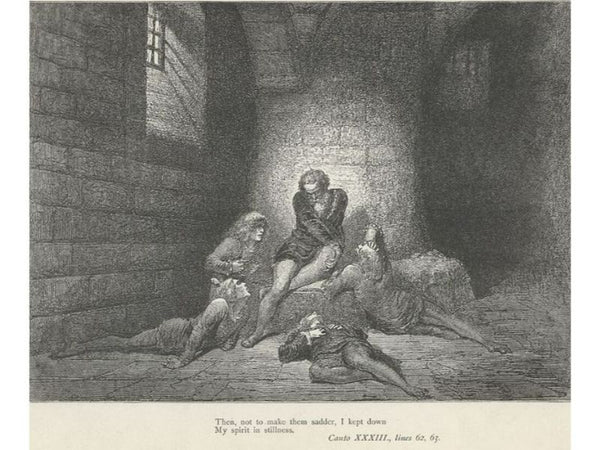 The Inferno, Canto 33, lines 62-63: Then, not to make them sadder, I kept down My spirit in stillness. 