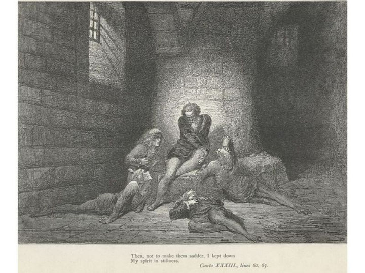 The Inferno, Canto 33, lines 62-63: Then, not to make them sadder, I kept down My spirit in stillness. 