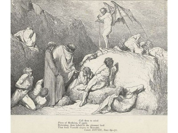 The Inferno, Canto 28, lines 69-72: call thou to mind Piero of Medicina, if again Returning, thou behold’st the pleasant land That from Vercelli slopes to Mercabo 