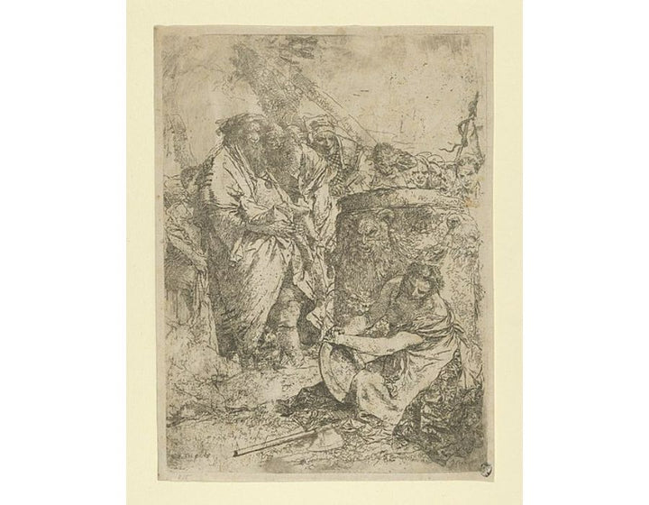Woman kneeling in front of Magicians and other Figures, from Scherzi 