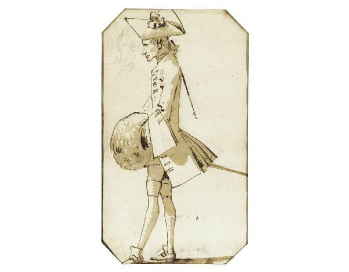 Caricature of a cavalier in profile to the left holding a muff 