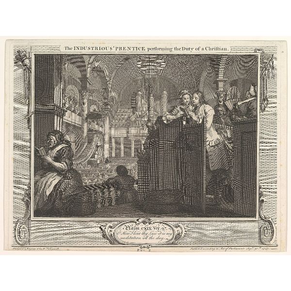 The Industrious Prentice Performing the Duty of a Christian plate II of Industry and Idleness 
