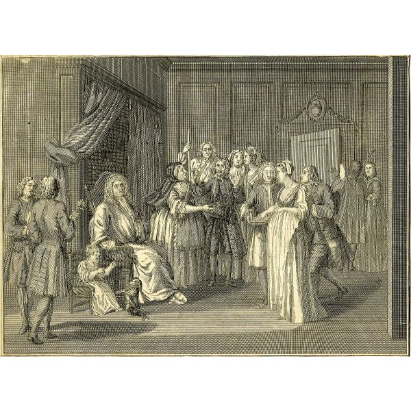 Woman Swearing a Child to a Grave Citizen from The Works of Hogarth 