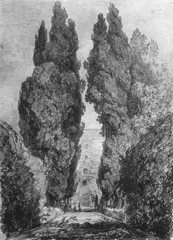 Cypresses in the Garden Avenue of the Villa c. 1760 Painting by Jean-Honore