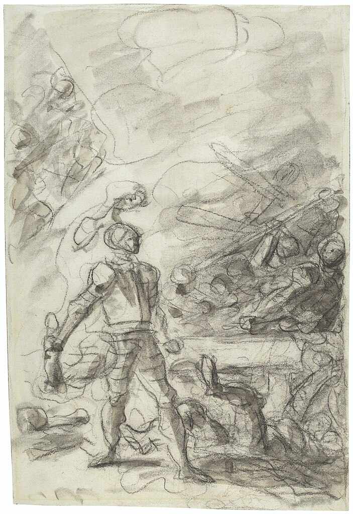 Orlando subdues a brigand with a fire brand Painting by Jean-Honore