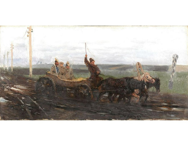 Under escort. On the muddy road 