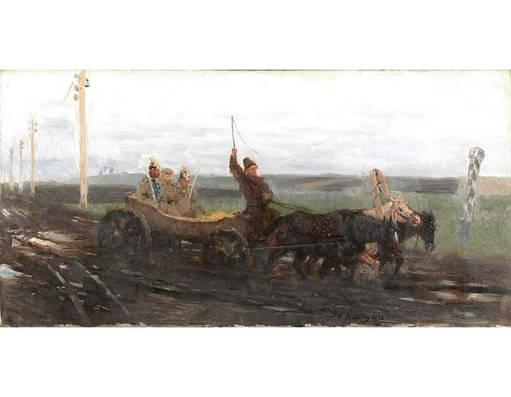 Under escort. On the muddy road 