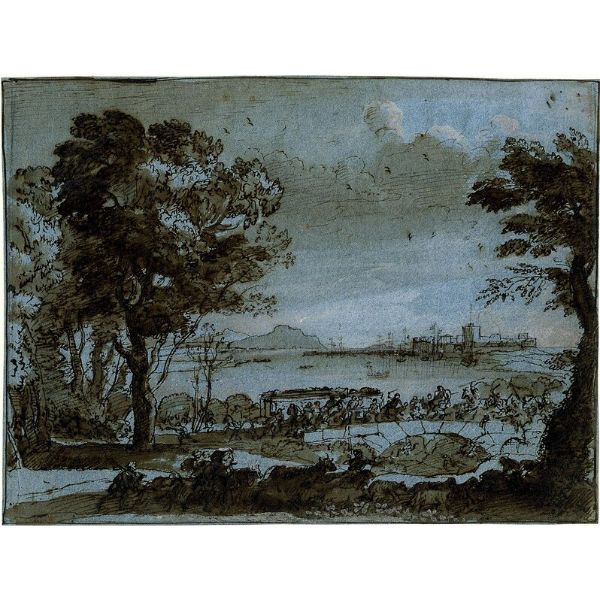 Coast scene with a battle on a bridge 