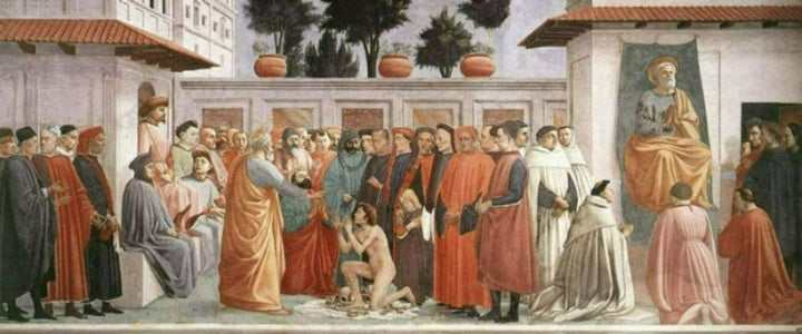Raising of the Son of Theophilus and St Peter Enthroned 1426-27 