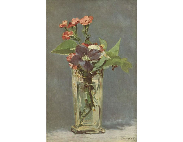 Pinks and Clematis in a Crystal Vase 