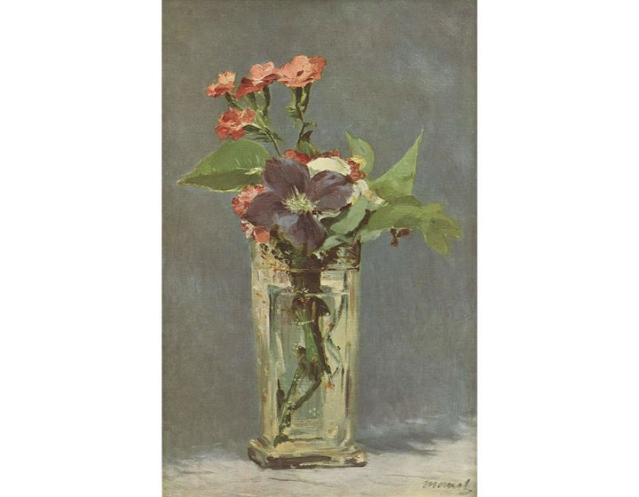 Pinks and Clematis in a Crystal Vase 