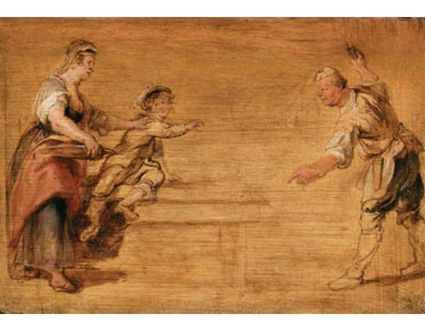 A kitchenmaid, a boy and a butcher by a table 