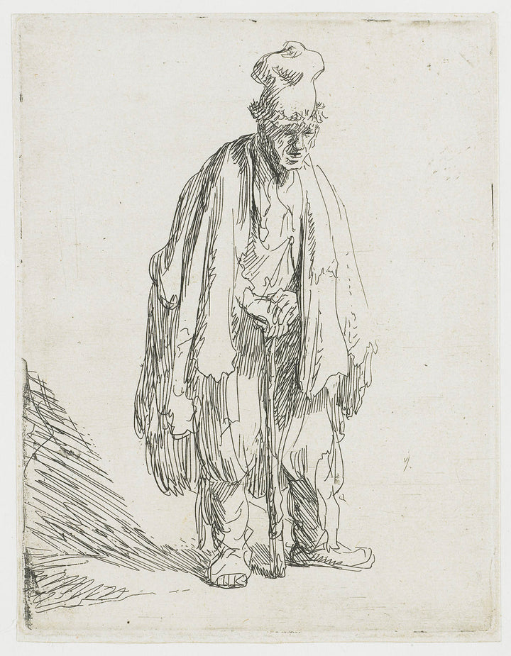 A Beggar in a high Cap, standing and leaning on a Stick 