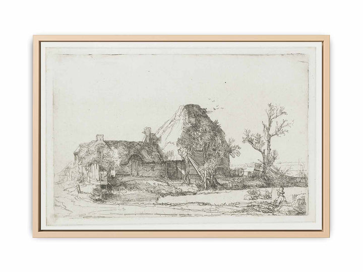 Cottages and Farm Buildings with a Man sketching
 Painting