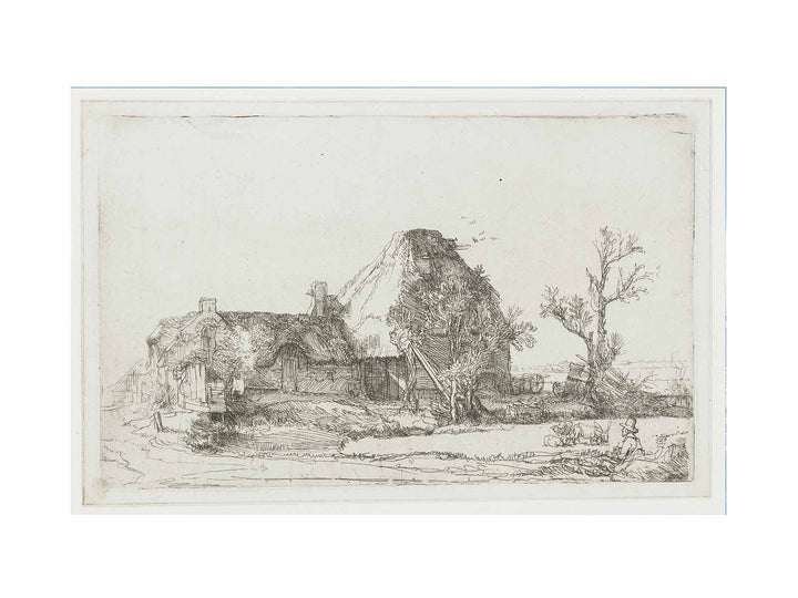 Cottages and Farm Buildings with a Man sketching
 Painting
