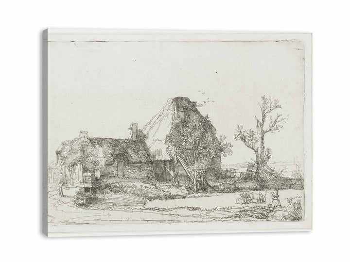 Cottages and Farm Buildings with a Man sketching
 Painting