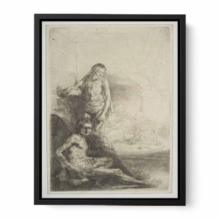 Nude Man seated and another standing, with a Woman and a Baby lightly etched in the Background
 Painting